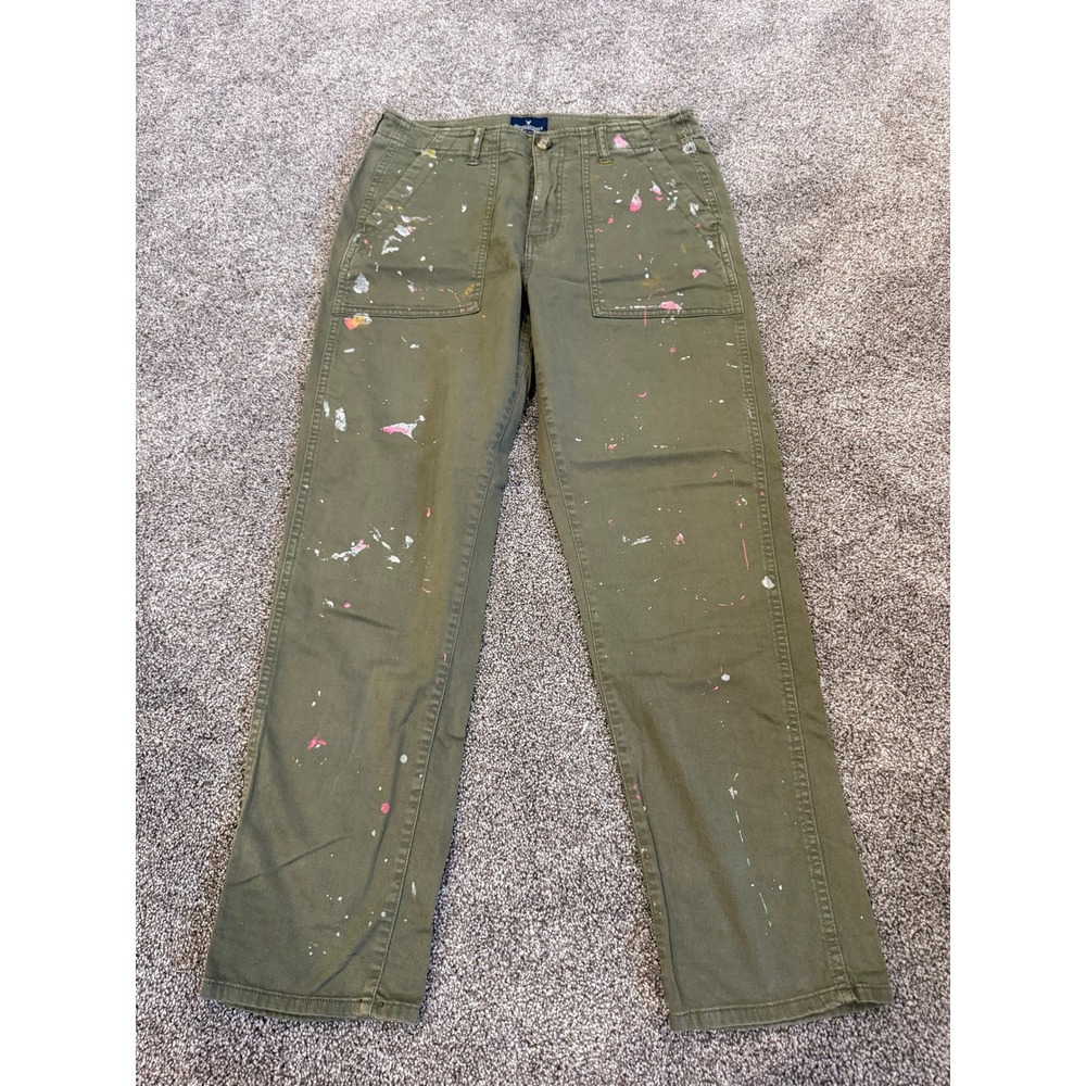 American Eagle Boy Crop Olive Green Paint Splatter Stretch Utility Pants Sz 4